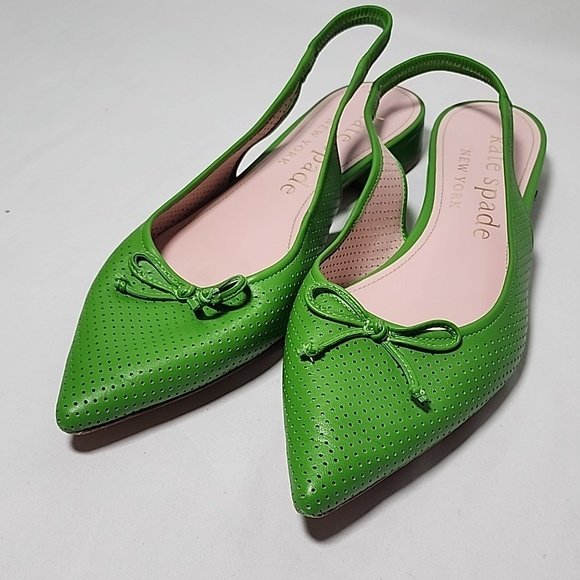 kate spade Bright Green Pointed-Toe Perforated Slingback Flats with Bow - Picture 2 of 11